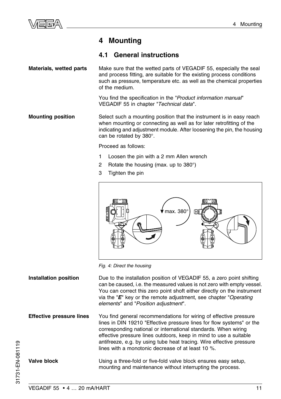 4 mounting, 1 general instructions, 4mounting | VEGA VEGADIF 55 4 … 20 mA_HART User Manual | Page 11 / 84