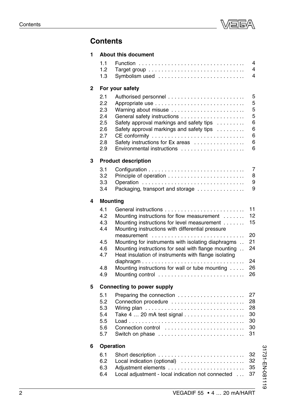 VEGA VEGADIF 55 4 … 20 mA_HART User Manual | Page 2 / 84