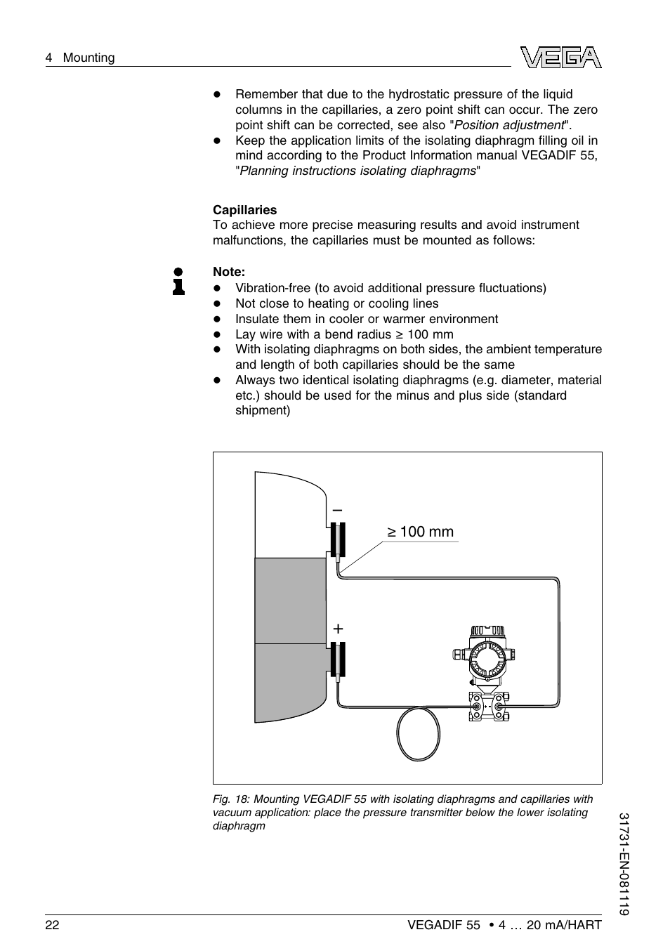 100 mm | VEGA VEGADIF 55 4 … 20 mA_HART User Manual | Page 22 / 84