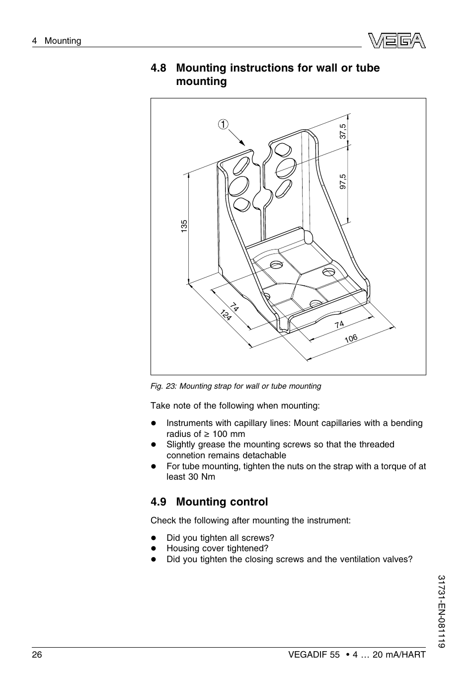 8 mounting instructions for wall or tube mounting, 9 mounting control | VEGA VEGADIF 55 4 … 20 mA_HART User Manual | Page 26 / 84