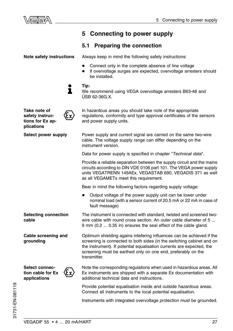 5 connecting to power supply, 1 preparing the connection, 5connecting to power supply | VEGA VEGADIF 55 4 … 20 mA_HART User Manual | Page 27 / 84