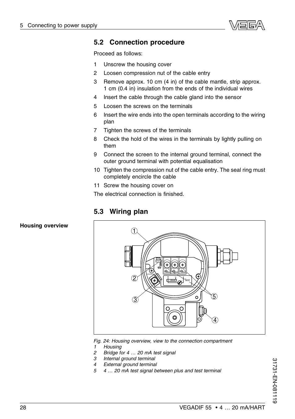 2 connection procedure, 3 wiring plan | VEGA VEGADIF 55 4 … 20 mA_HART User Manual | Page 28 / 84