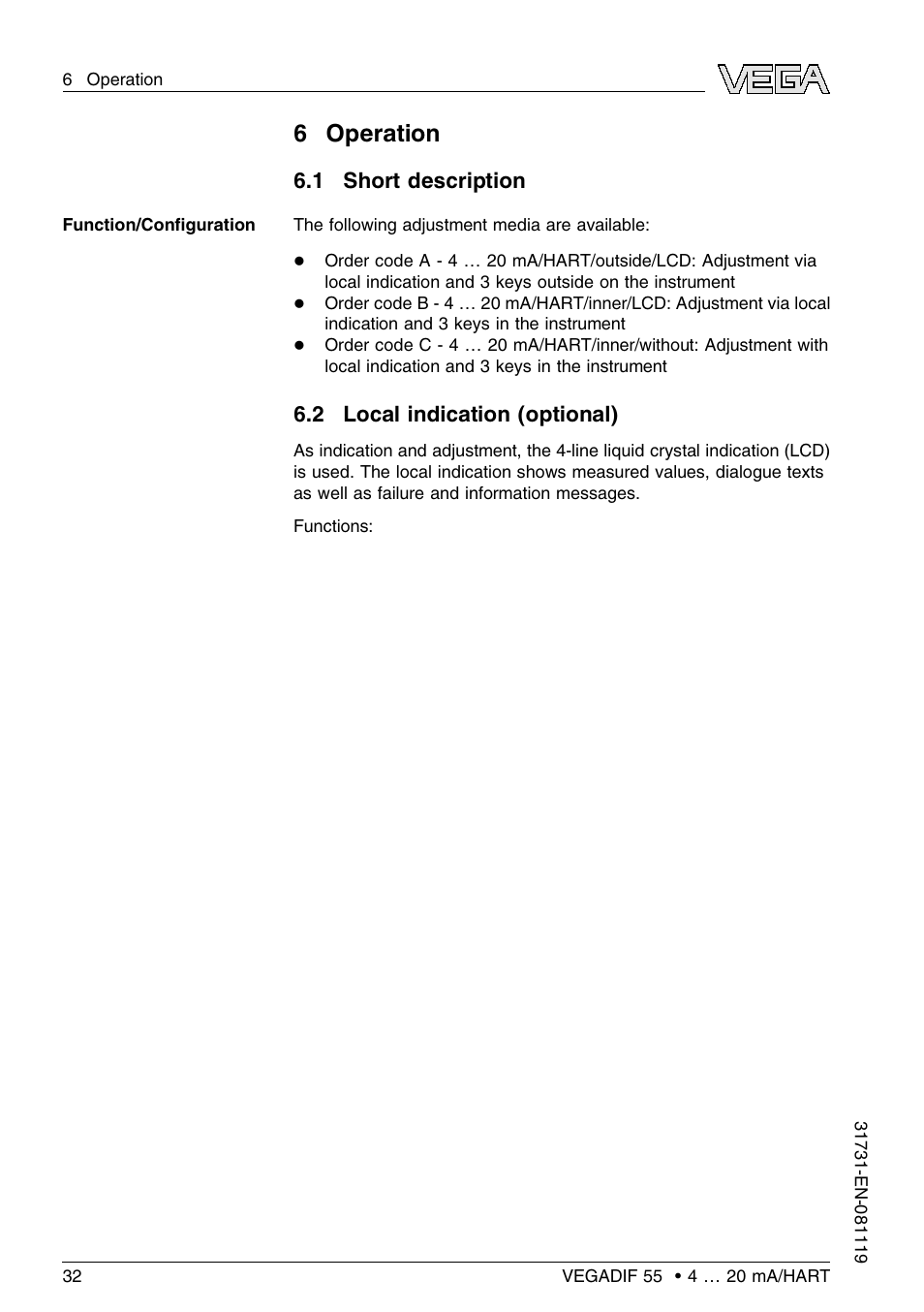 6 operation, 1 short description, 2 local indication (optional) | 6operation | VEGA VEGADIF 55 4 … 20 mA_HART User Manual | Page 32 / 84