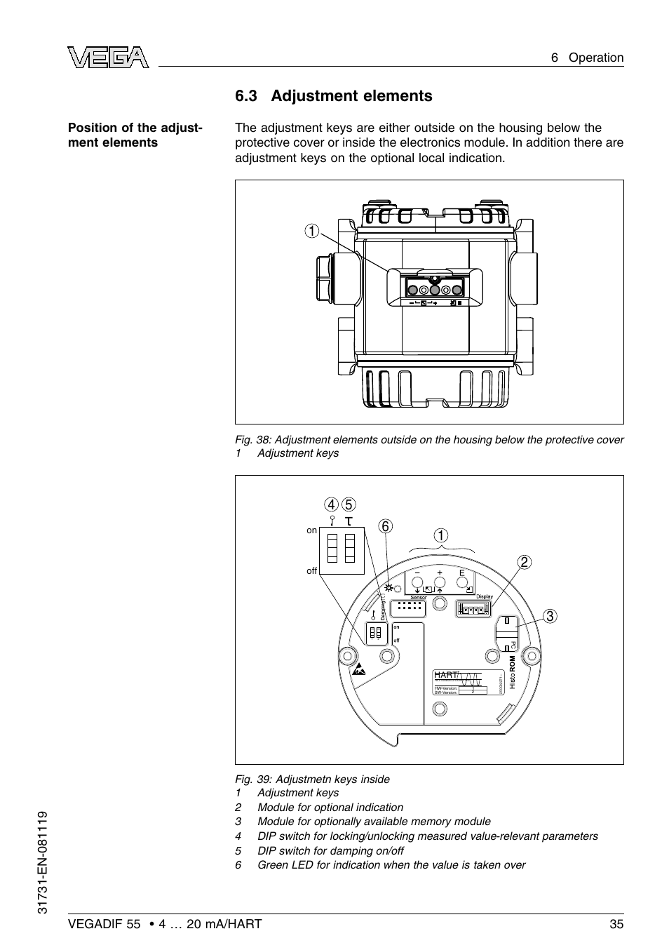 3 adjustment elements | VEGA VEGADIF 55 4 … 20 mA_HART User Manual | Page 35 / 84