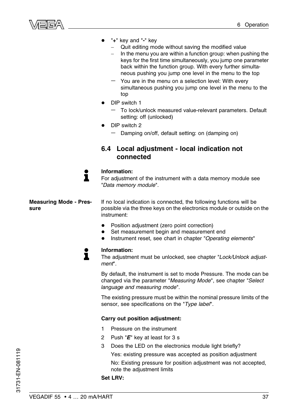 VEGA VEGADIF 55 4 … 20 mA_HART User Manual | Page 37 / 84