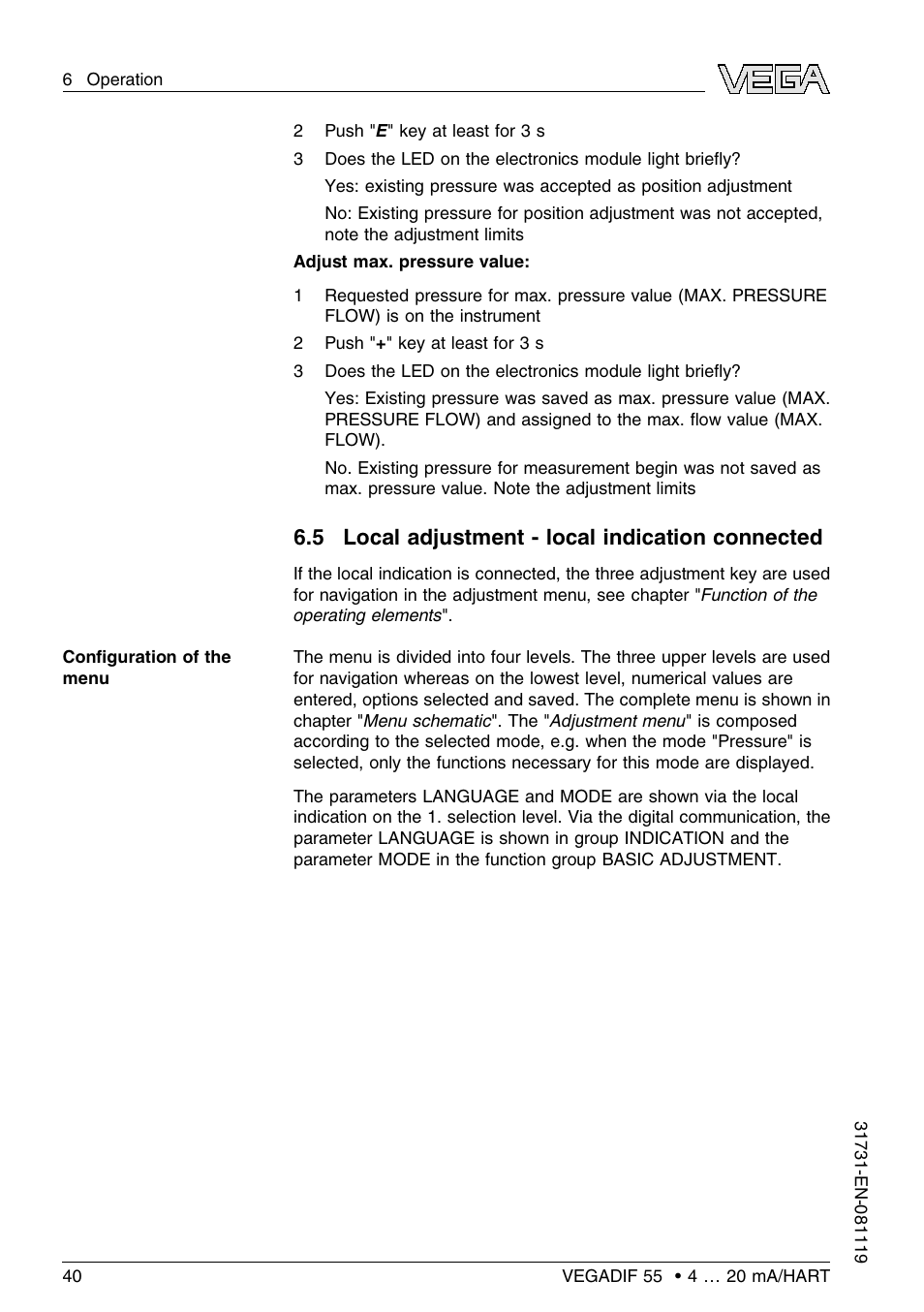 5 local adjustment – local indication connected, 5 local adjustment - local indication connected | VEGA VEGADIF 55 4 … 20 mA_HART User Manual | Page 40 / 84