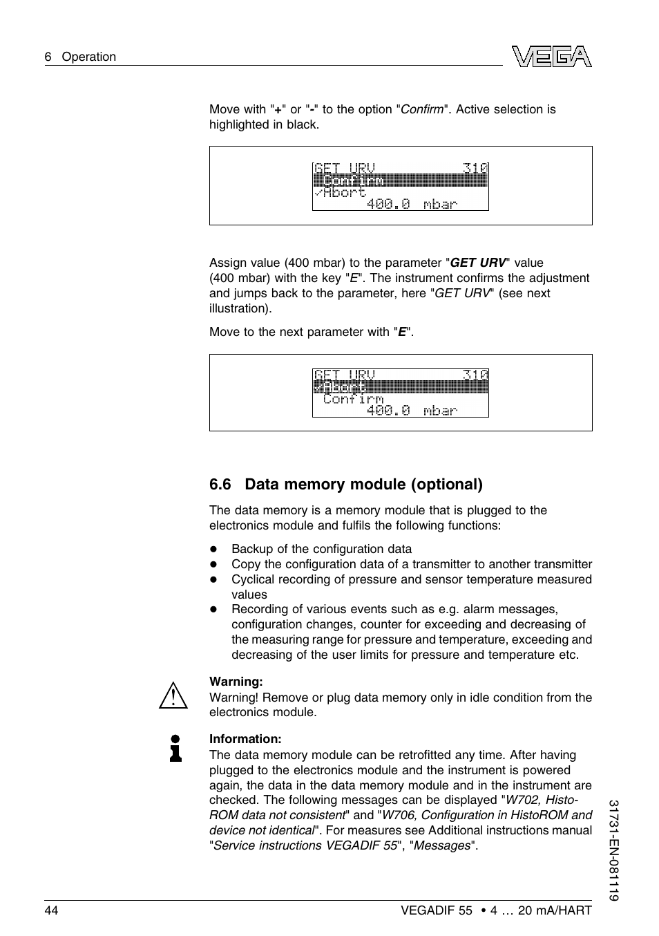 6 data memory module (optional) | VEGA VEGADIF 55 4 … 20 mA_HART User Manual | Page 44 / 84