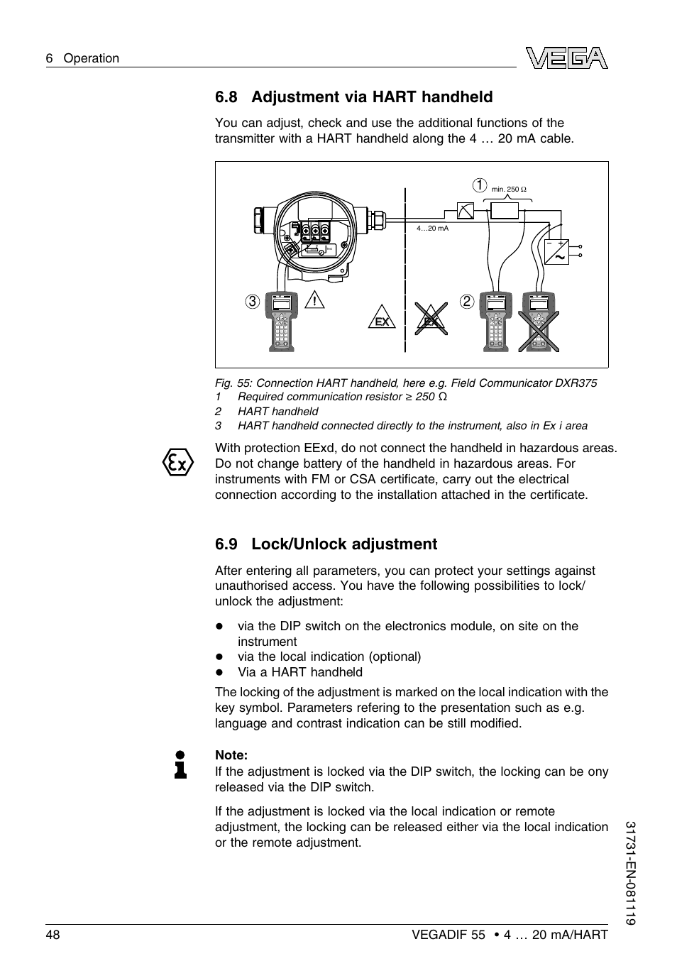 8 adjustment via hart handheld, 9 lock/unlock adjustment, Via the local indication (optional) | VEGA VEGADIF 55 4 … 20 mA_HART User Manual | Page 48 / 84