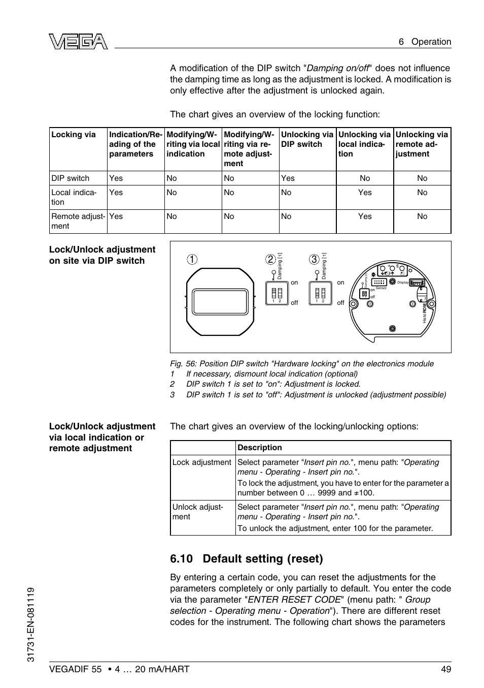 10 default setting (reset) | VEGA VEGADIF 55 4 … 20 mA_HART User Manual | Page 49 / 84