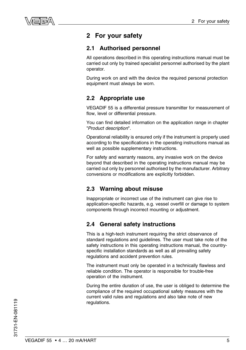 2 for your safety, 1 authorised personnel, 2 appropriate use | 3 warning about misuse, 4 general safety instructions, 2for your safety | VEGA VEGADIF 55 4 … 20 mA_HART User Manual | Page 5 / 84