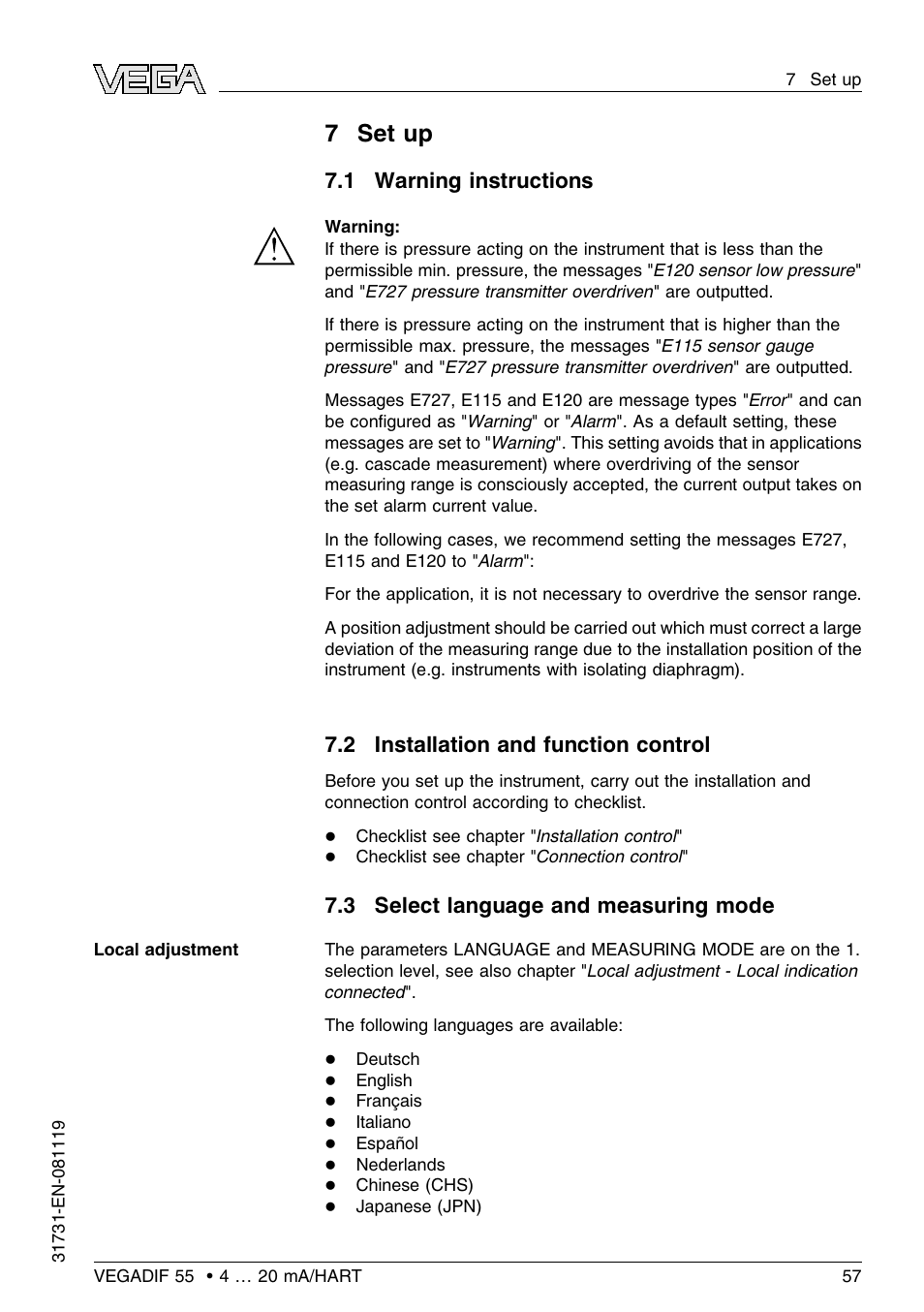 7 set up, 1 warning instructions, 2 installation and function control | 3 select language and measuring mode, 7set up | VEGA VEGADIF 55 4 … 20 mA_HART User Manual | Page 57 / 84