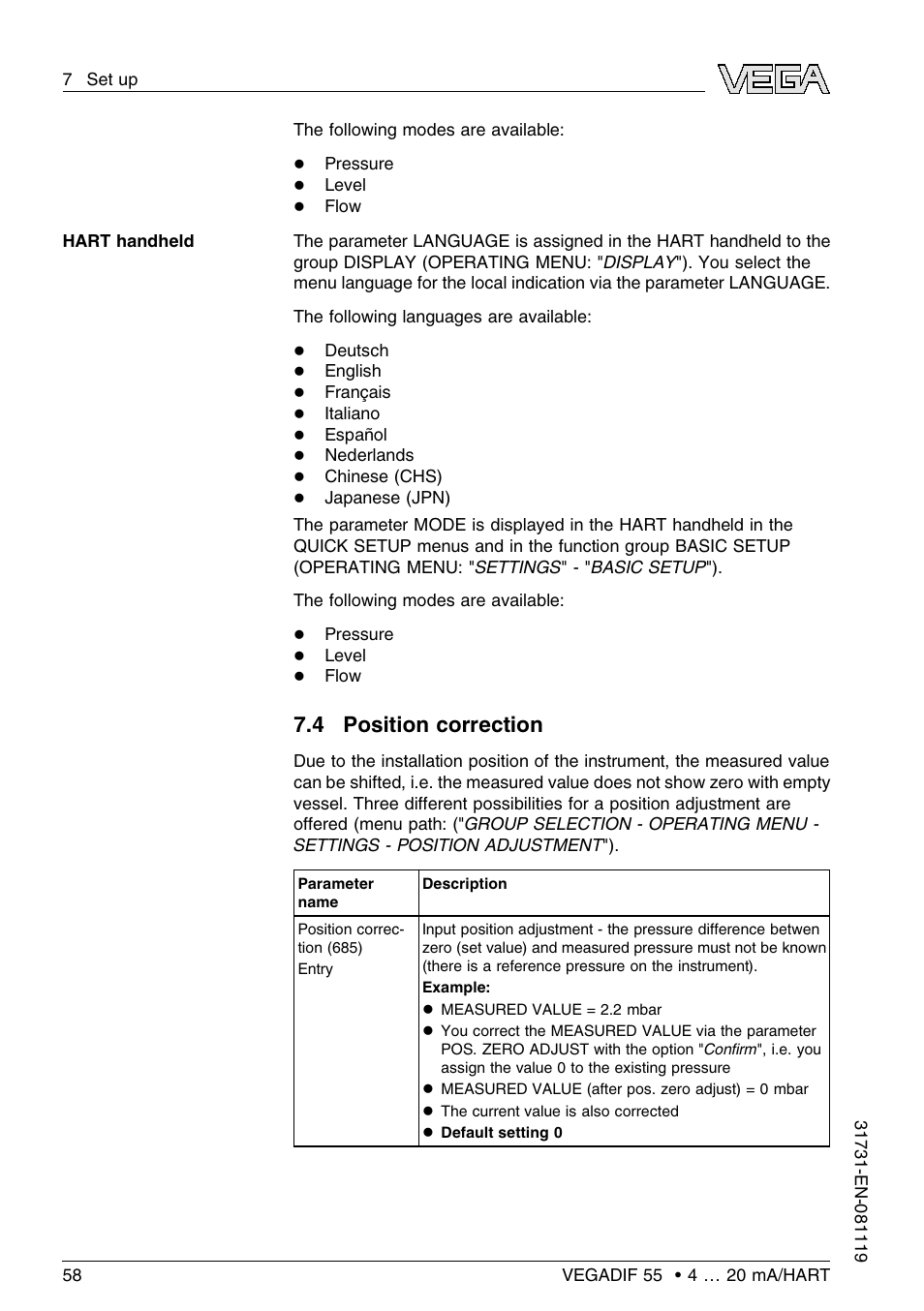 4 position correction | VEGA VEGADIF 55 4 … 20 mA_HART User Manual | Page 58 / 84