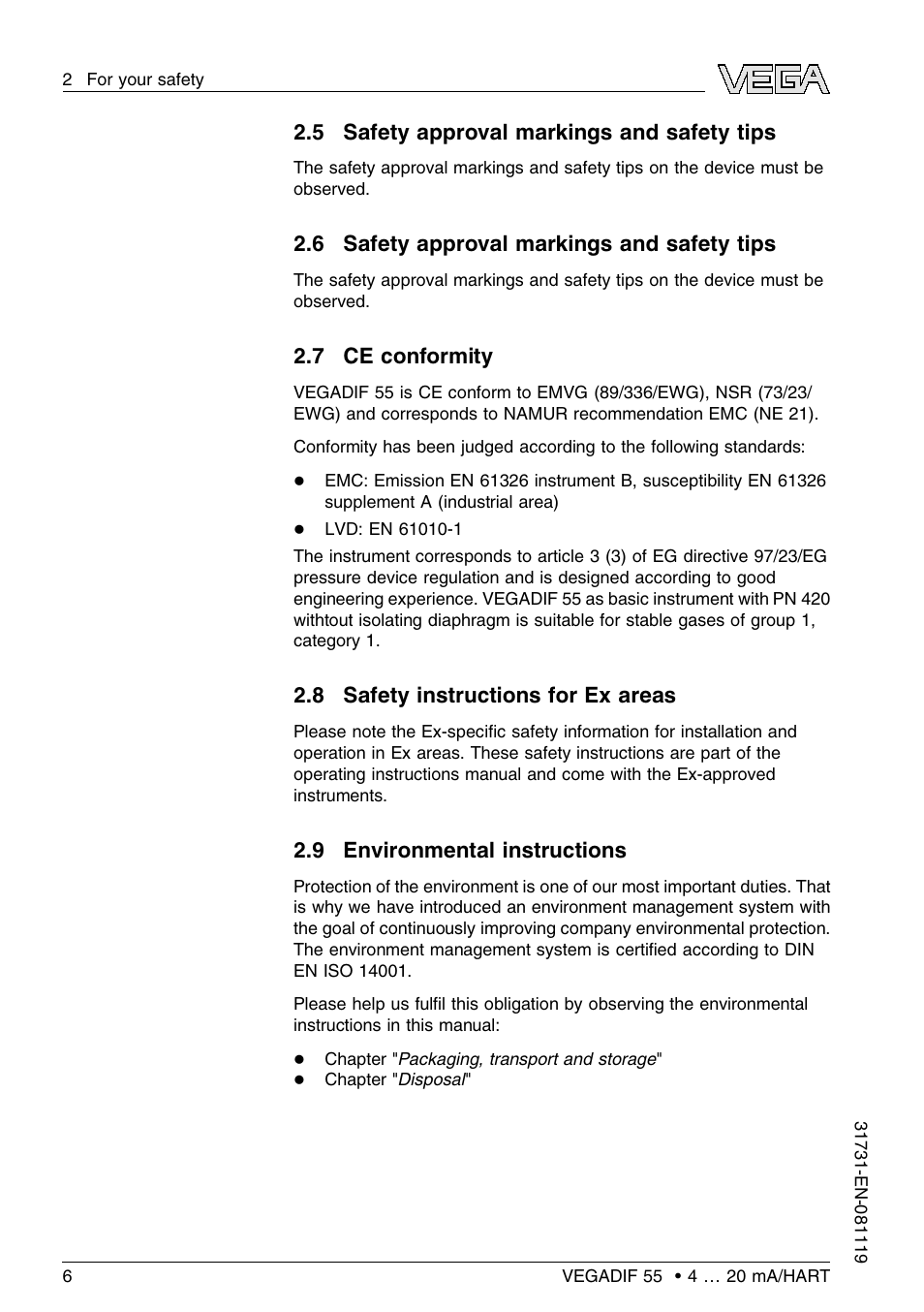 5 safety approval markings and safety tips, 6 safety approval markings and safety tips, 7 ce conformity | 8 safety instructions for ex areas, 9 environmental instructions | VEGA VEGADIF 55 4 … 20 mA_HART User Manual | Page 6 / 84