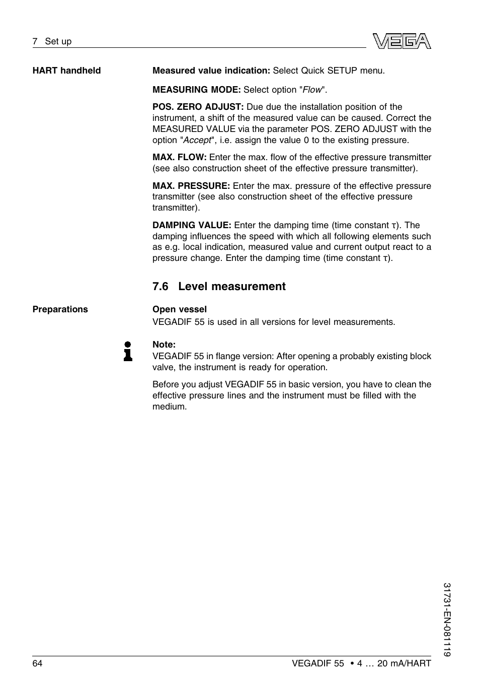 6 level measurement | VEGA VEGADIF 55 4 … 20 mA_HART User Manual | Page 64 / 84