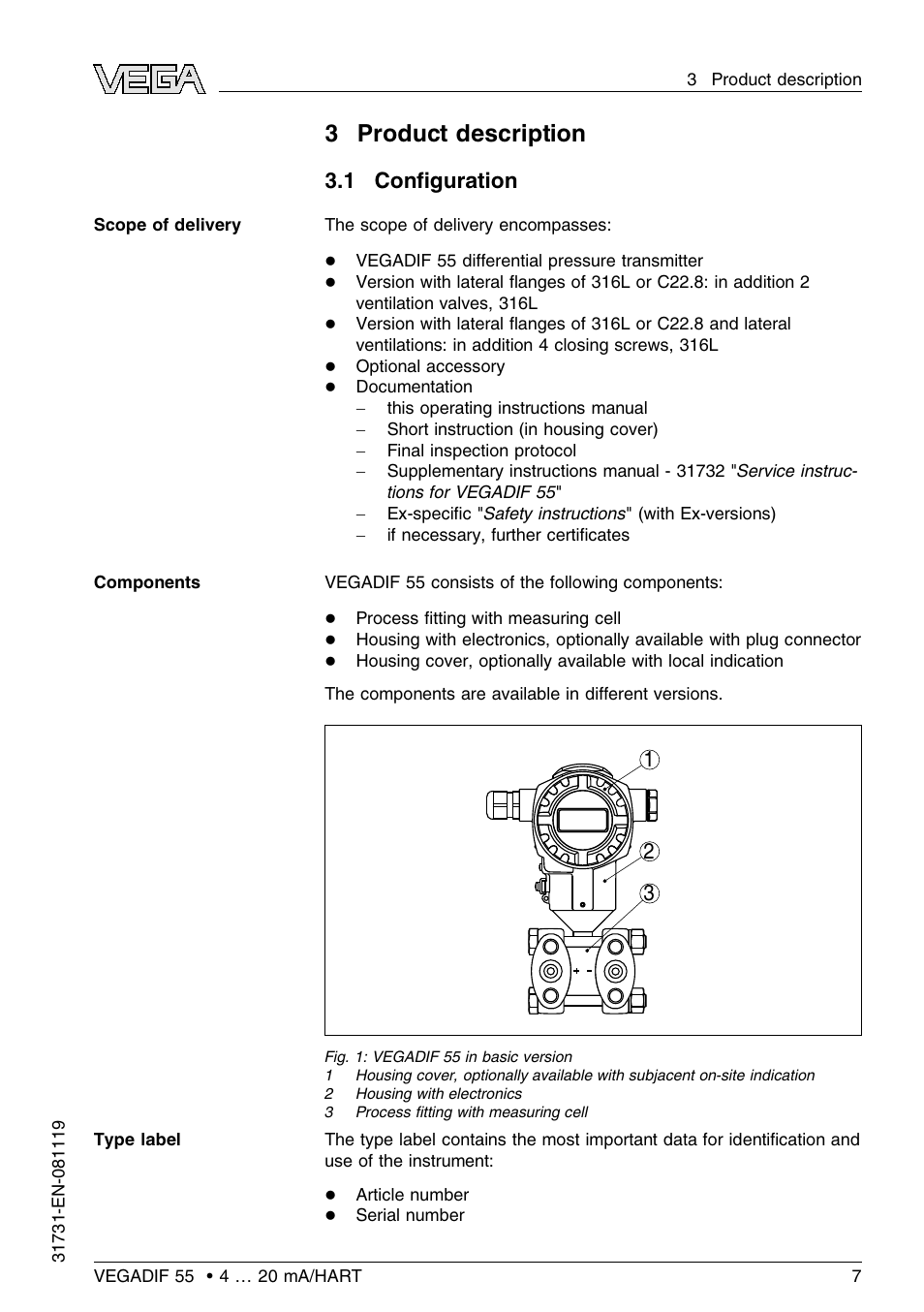 3 product description, 1 configuration, 3product description | 1 conﬁguration | VEGA VEGADIF 55 4 … 20 mA_HART User Manual | Page 7 / 84