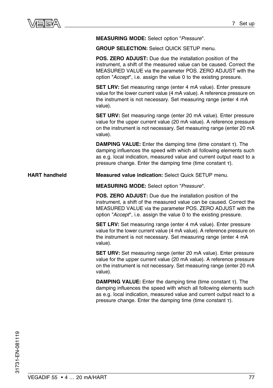 VEGA VEGADIF 55 4 … 20 mA_HART User Manual | Page 77 / 84