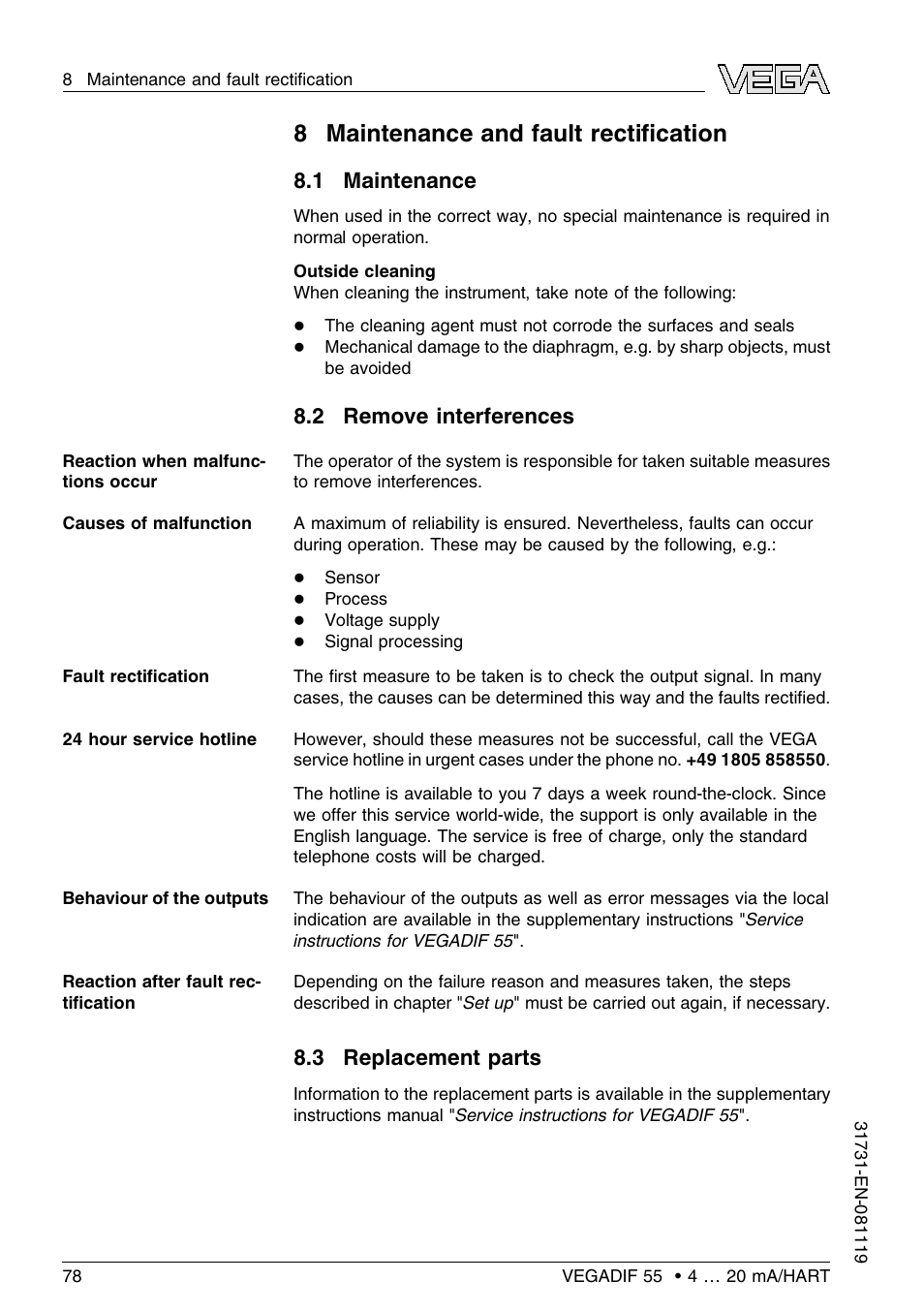 8 maintenance and fault rectification, 1 maintenance, 2 remove interferences | 3 replacement parts, 8maintenance and fault rectiﬁcation | VEGA VEGADIF 55 4 … 20 mA_HART User Manual | Page 78 / 84