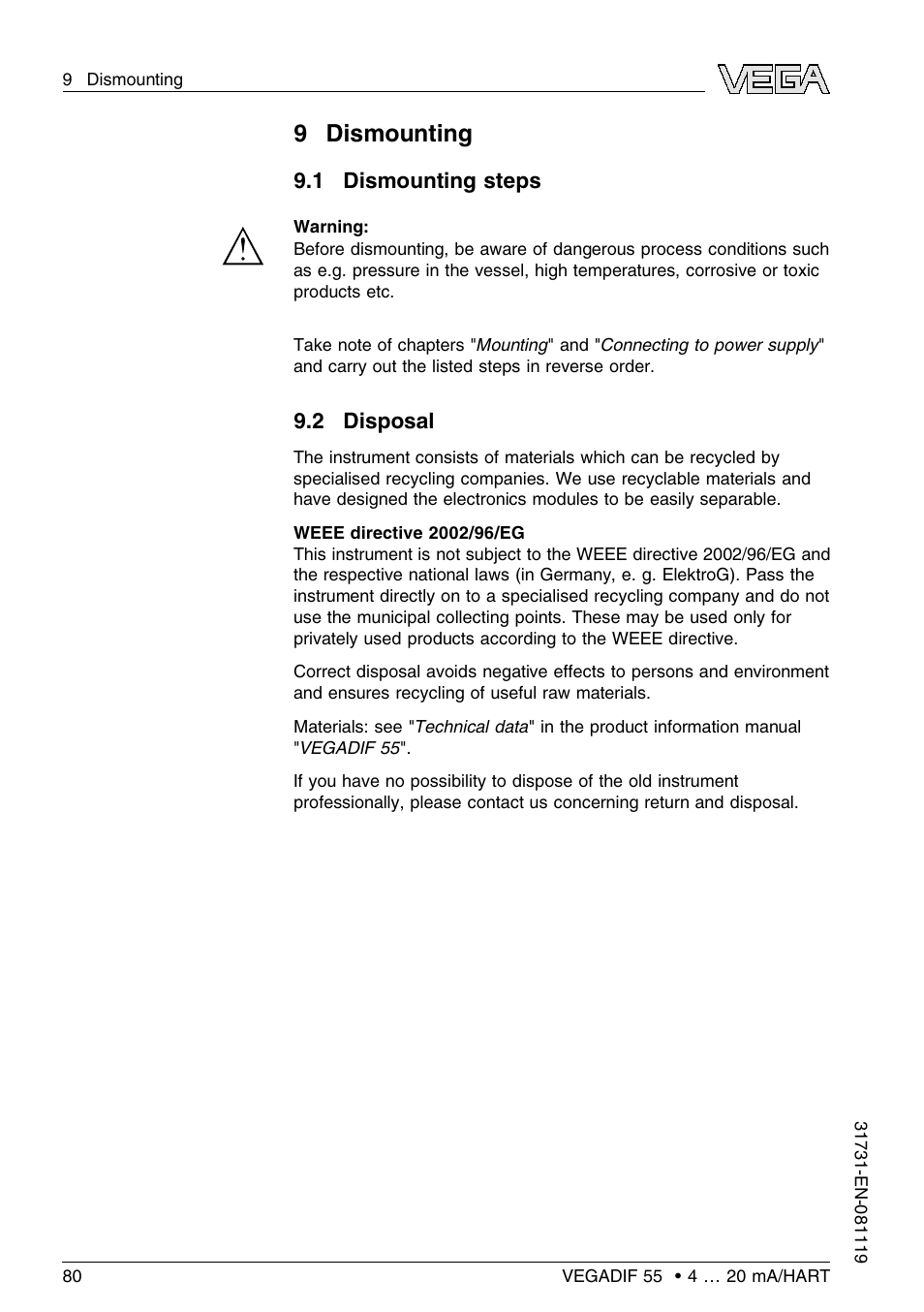 9 dismounting, 1 dismounting steps, 2 disposal | 9dismounting | VEGA VEGADIF 55 4 … 20 mA_HART User Manual | Page 80 / 84