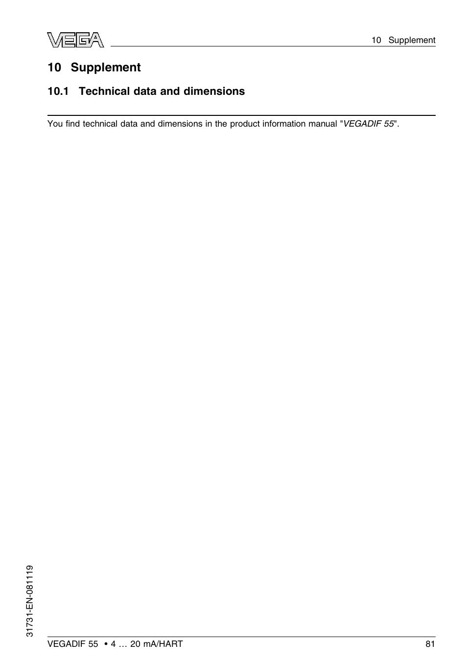 10 supplement, 1 technical data and dimensions | VEGA VEGADIF 55 4 … 20 mA_HART User Manual | Page 81 / 84