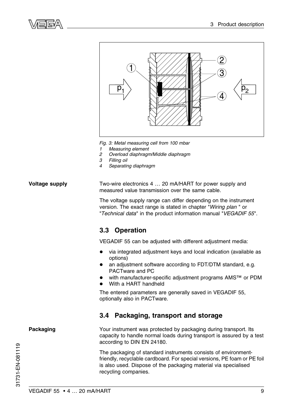 3 operation, 4 packaging, transport and storage | VEGA VEGADIF 55 4 … 20 mA_HART User Manual | Page 9 / 84