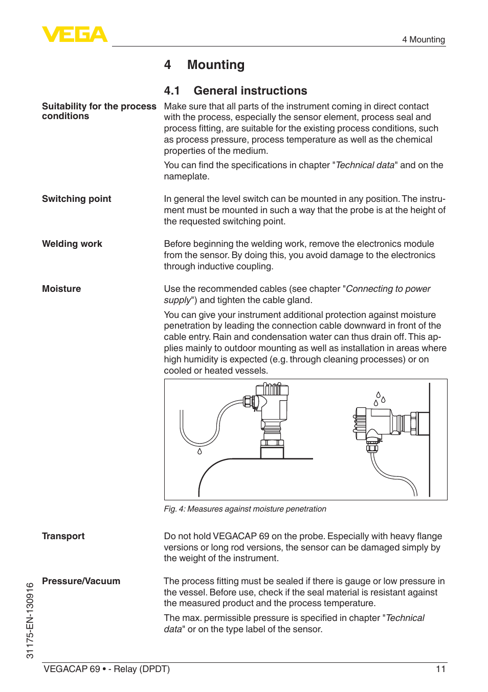 4 mounting, 1 general instructions | VEGA VEGACAP 69 - Relay (DPDT) User Manual | Page 11 / 32