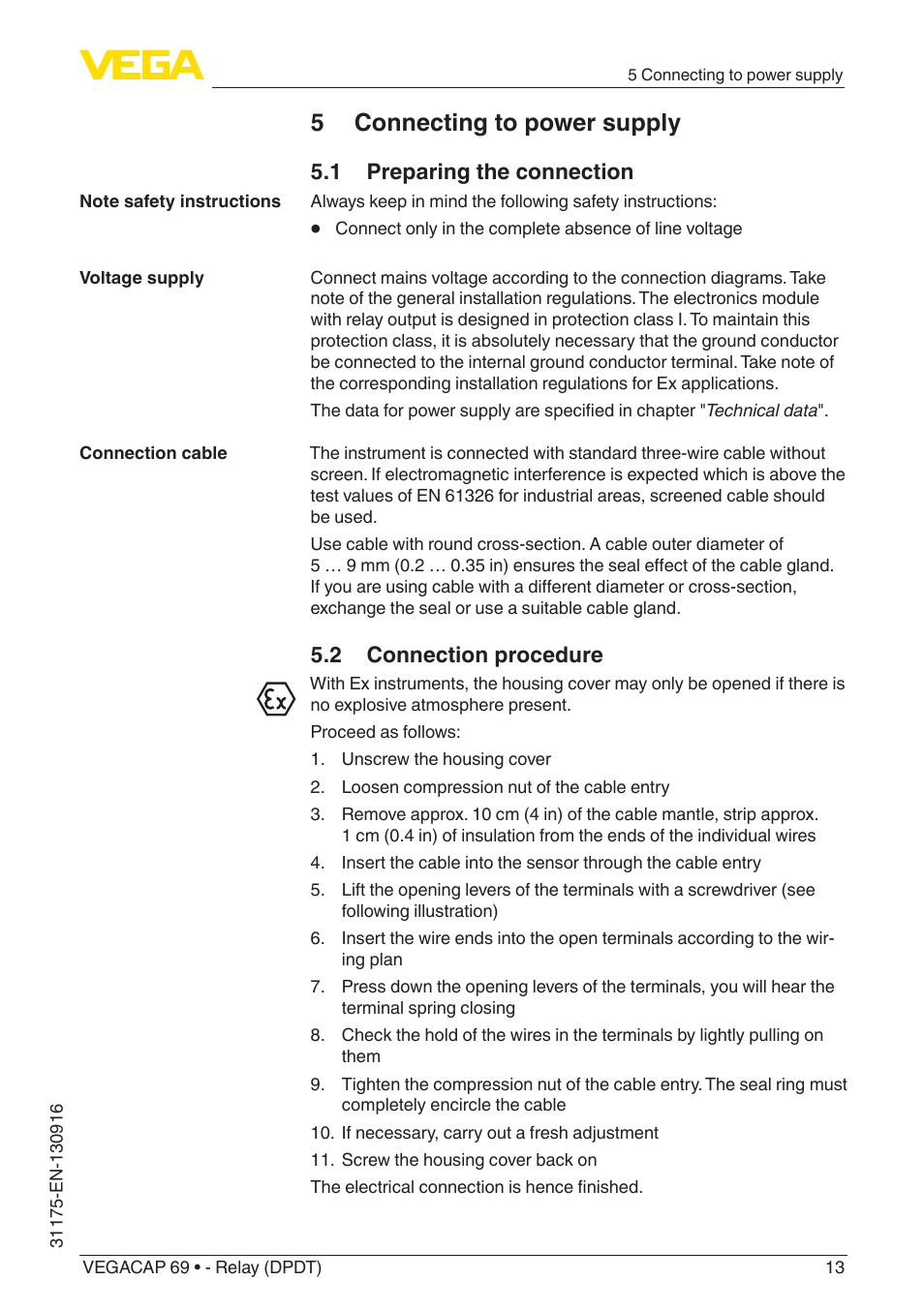 5 connecting to power supply, 1 preparing the connection, 2 connection procedure | VEGA VEGACAP 69 - Relay (DPDT) User Manual | Page 13 / 32
