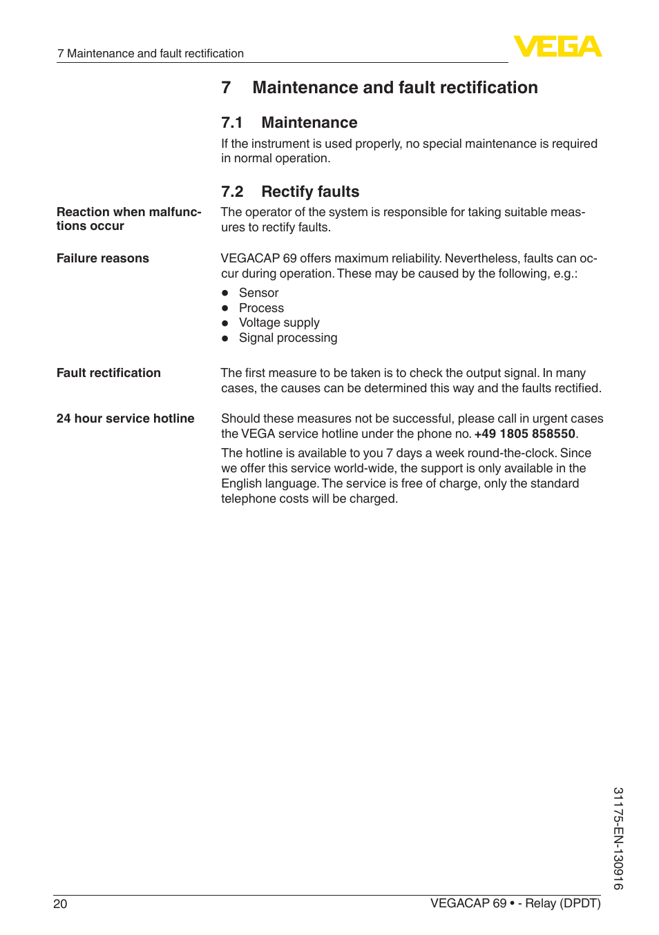 7 maintenance and fault rectification, 1 maintenance, 2 rectify faults | VEGA VEGACAP 69 - Relay (DPDT) User Manual | Page 20 / 32