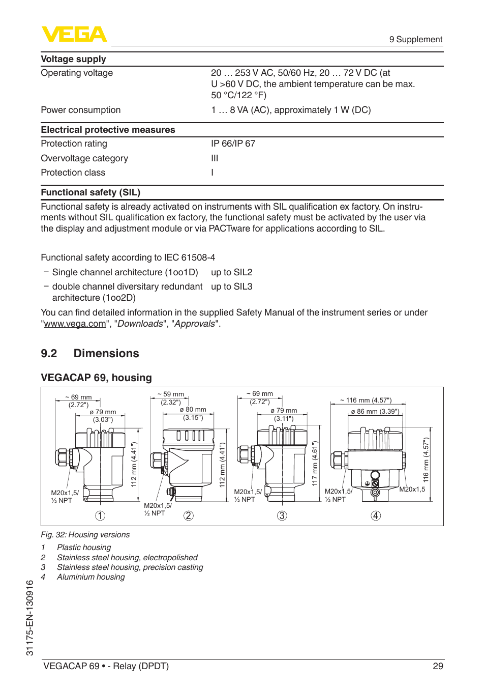 2 dimensions, Vegacap 69, housing | VEGA VEGACAP 69 - Relay (DPDT) User Manual | Page 29 / 32