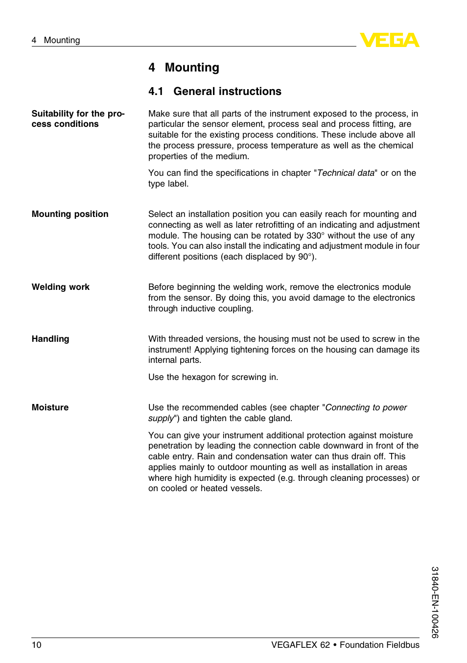 4 mounting, 1 general instructions, 4mounting | VEGA VEGAFLEX 62 Foundation Fieldbus User Manual | Page 10 / 64