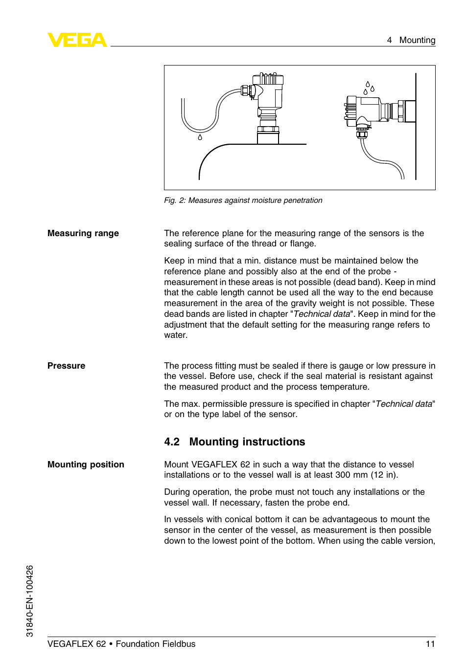 2 mounting instructions | VEGA VEGAFLEX 62 Foundation Fieldbus User Manual | Page 11 / 64