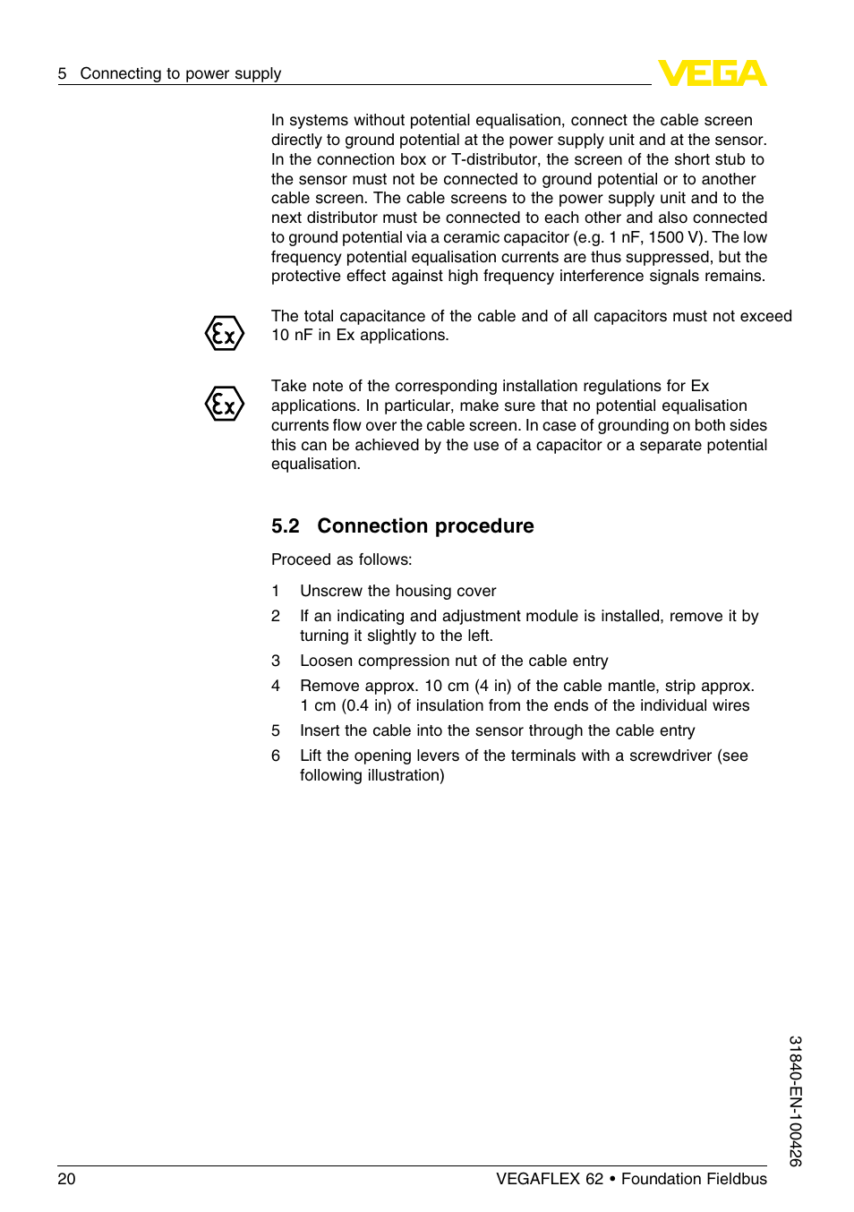 2 connection procedure | VEGA VEGAFLEX 62 Foundation Fieldbus User Manual | Page 20 / 64