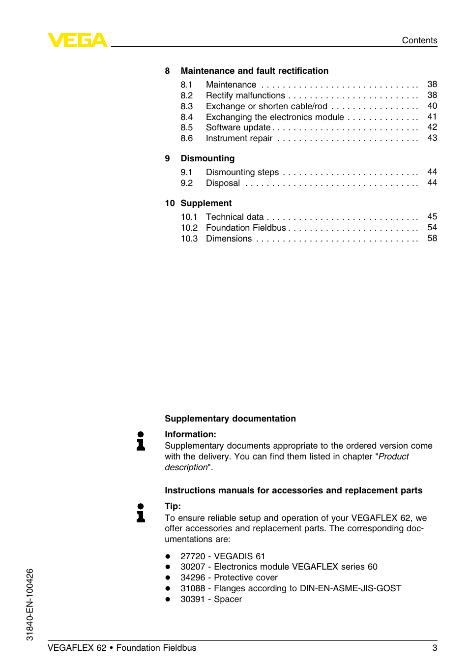 VEGA VEGAFLEX 62 Foundation Fieldbus User Manual | Page 3 / 64