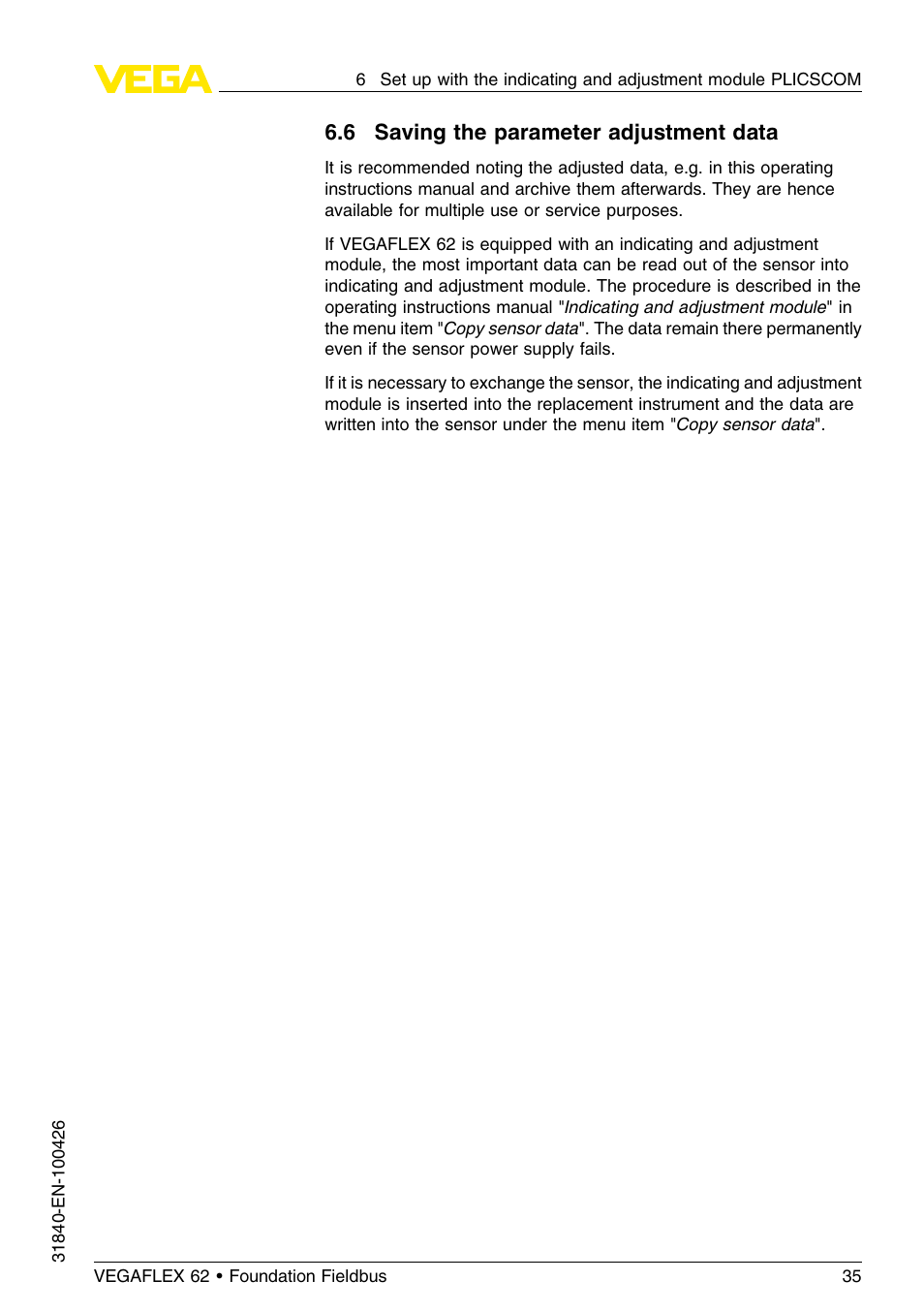 6 saving the parameter adjustment data | VEGA VEGAFLEX 62 Foundation Fieldbus User Manual | Page 35 / 64