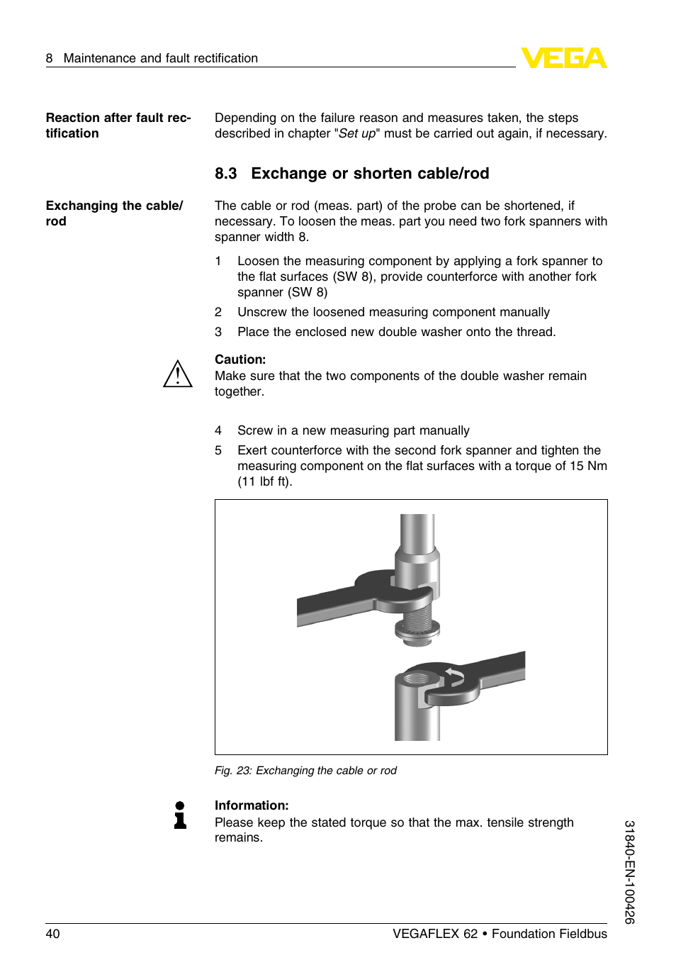 3 exchange or shorten cable/rod | VEGA VEGAFLEX 62 Foundation Fieldbus User Manual | Page 40 / 64