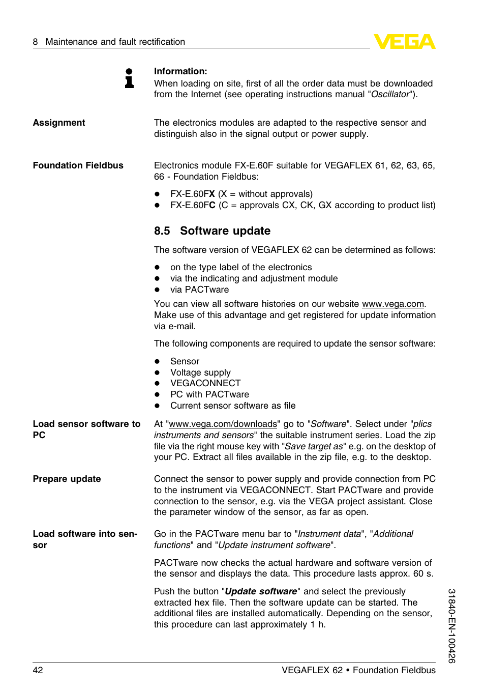 5 software update | VEGA VEGAFLEX 62 Foundation Fieldbus User Manual | Page 42 / 64