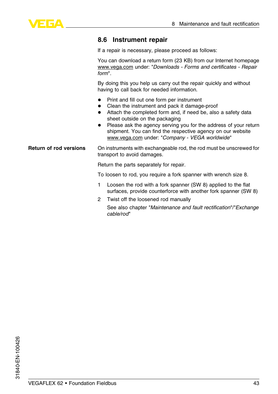 6 instrument repair | VEGA VEGAFLEX 62 Foundation Fieldbus User Manual | Page 43 / 64