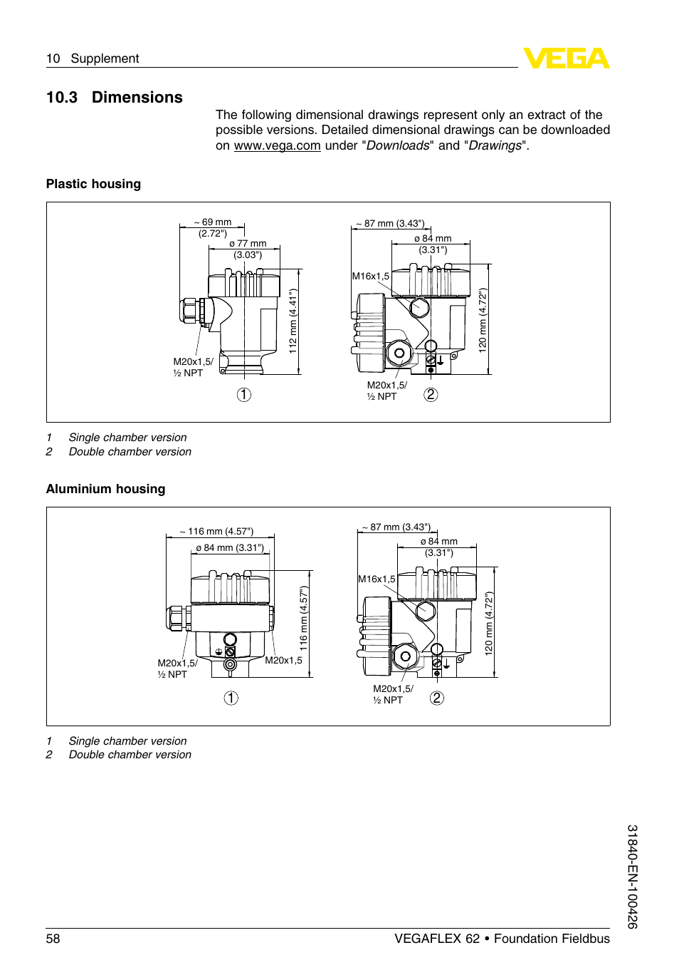 3 dimensions, 10 .3 dimensions | VEGA VEGAFLEX 62 Foundation Fieldbus User Manual | Page 58 / 64