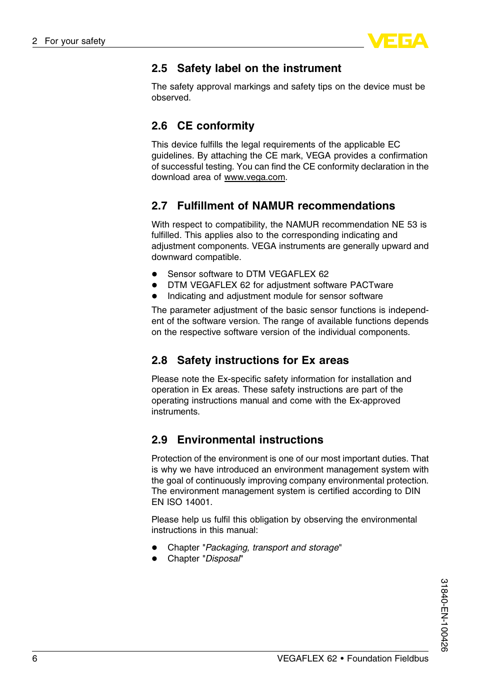 5 safety label on the instrument, 6 ce conformity, 7 fulfillment of namur recommendations | 8 safety instructions for ex areas, 9 environmental instructions | VEGA VEGAFLEX 62 Foundation Fieldbus User Manual | Page 6 / 64