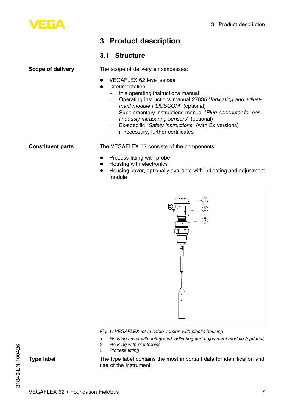 3 product description, 1 structure, 3product description | VEGA VEGAFLEX 62 Foundation Fieldbus User Manual | Page 7 / 64