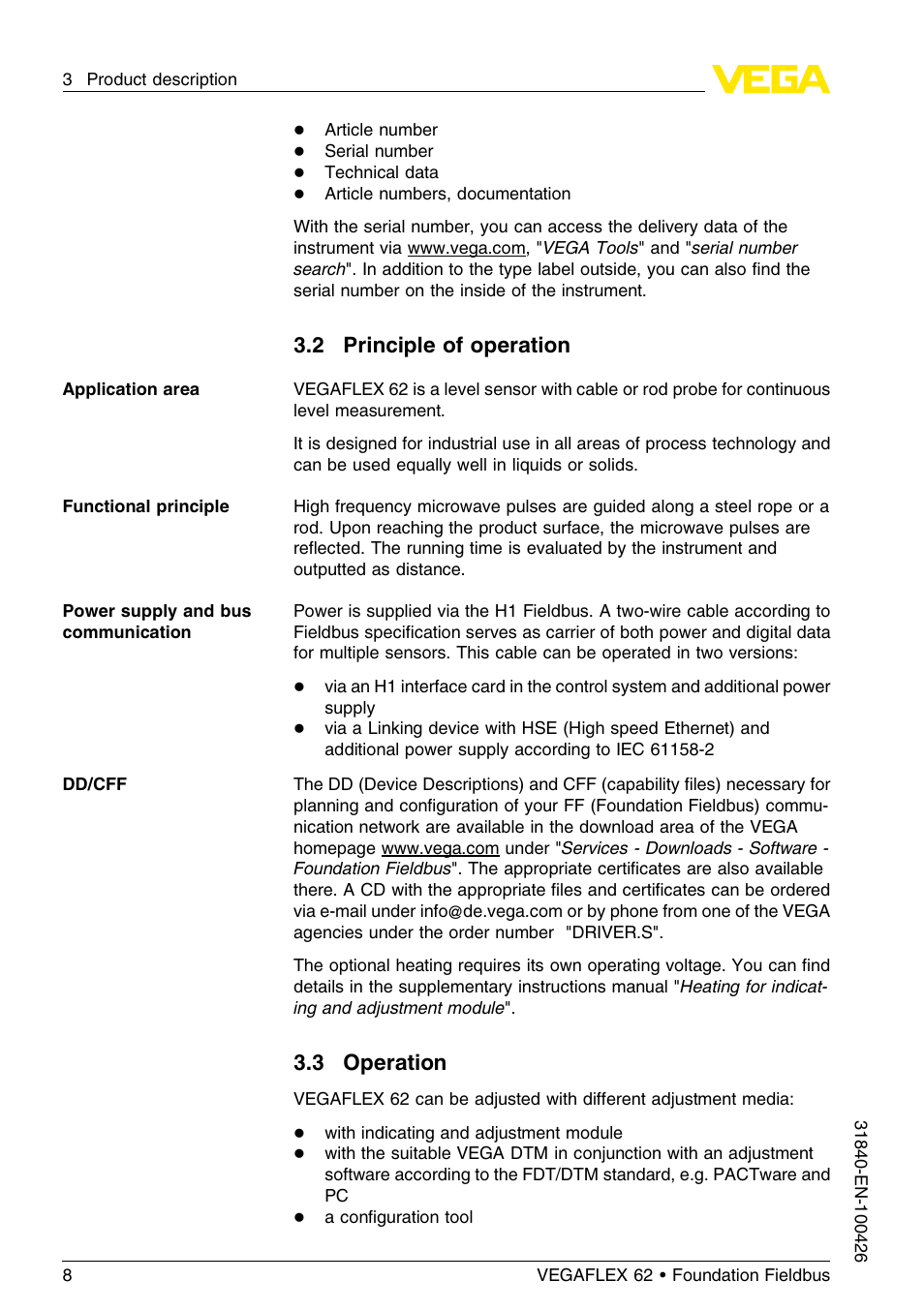 2 principle of operation, 3 operation | VEGA VEGAFLEX 62 Foundation Fieldbus User Manual | Page 8 / 64