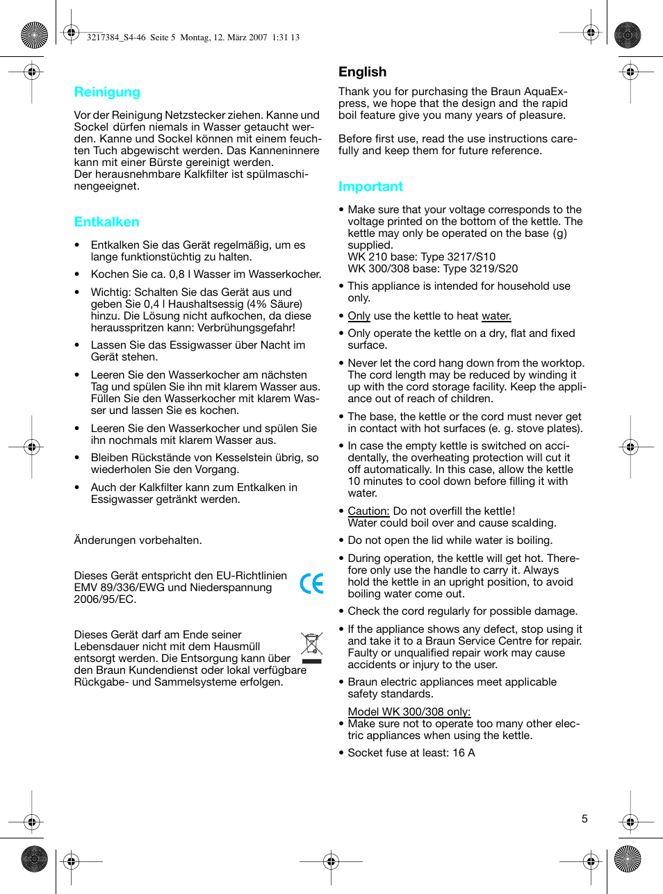 Braun WK 210 SAHARA User Manual | Page 5 / 46