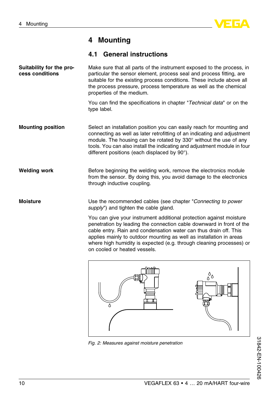 4 mounting, 1 general instructions, 4mounting | VEGA VEGAFLEX 63 4 … 20 mA_HART four-wire User Manual | Page 10 / 56