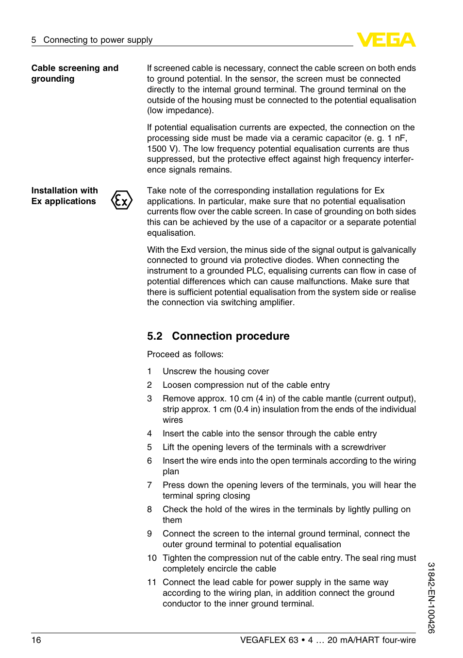 2 connection procedure | VEGA VEGAFLEX 63 4 … 20 mA_HART four-wire User Manual | Page 16 / 56