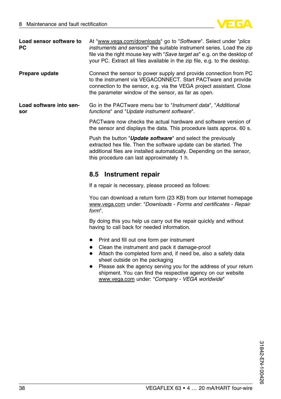 5 instrument repair | VEGA VEGAFLEX 63 4 … 20 mA_HART four-wire User Manual | Page 38 / 56