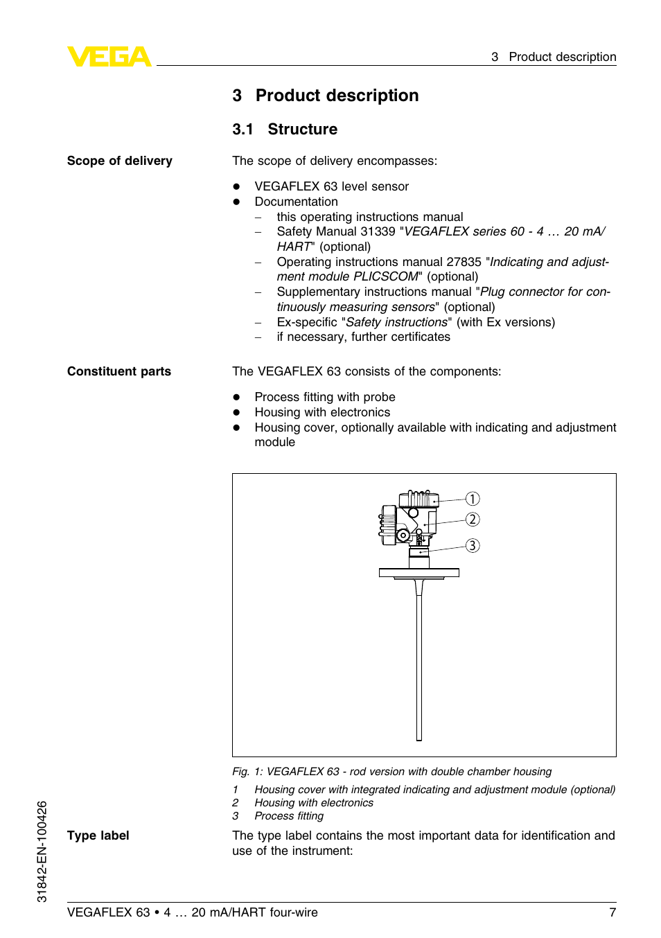 3 product description, 1 structure, 3product description | VEGA VEGAFLEX 63 4 … 20 mA_HART four-wire User Manual | Page 7 / 56