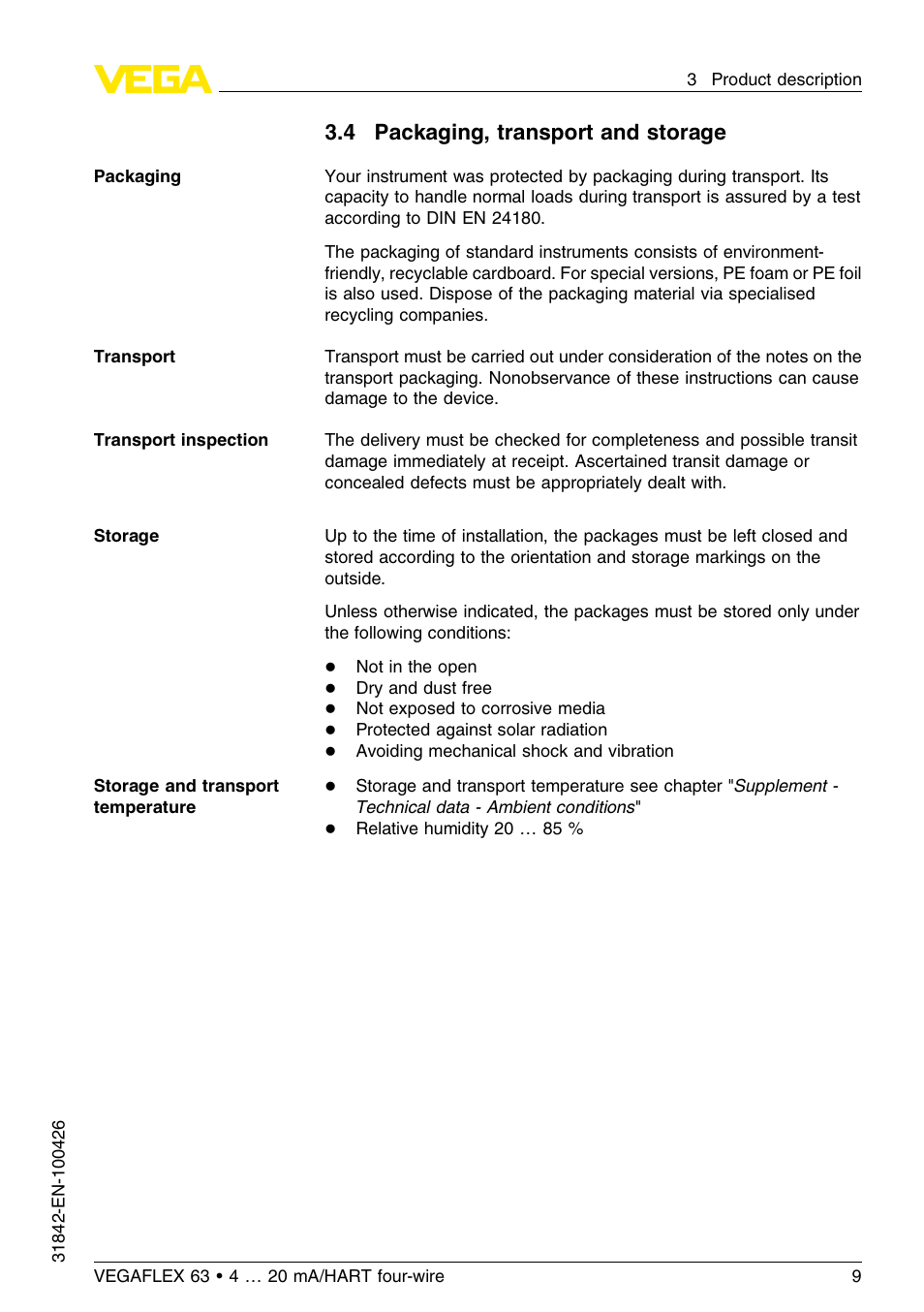 4 packaging, transport and storage | VEGA VEGAFLEX 63 4 … 20 mA_HART four-wire User Manual | Page 9 / 56