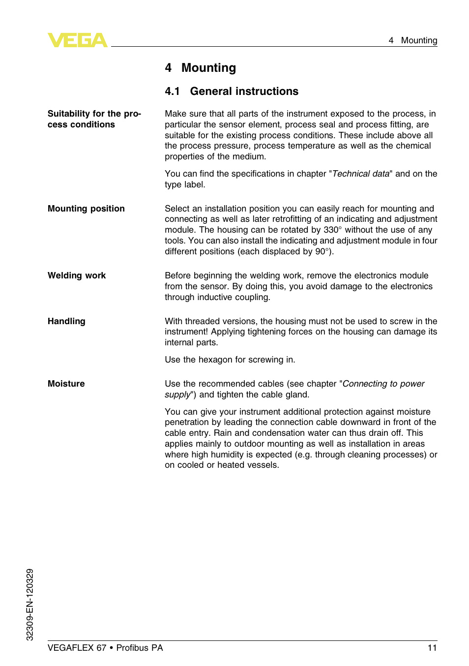 4 mounting, 1 general instructions | VEGA VEGAFLEX 67 (-20…+250°C) Profibus PA User Manual | Page 11 / 64