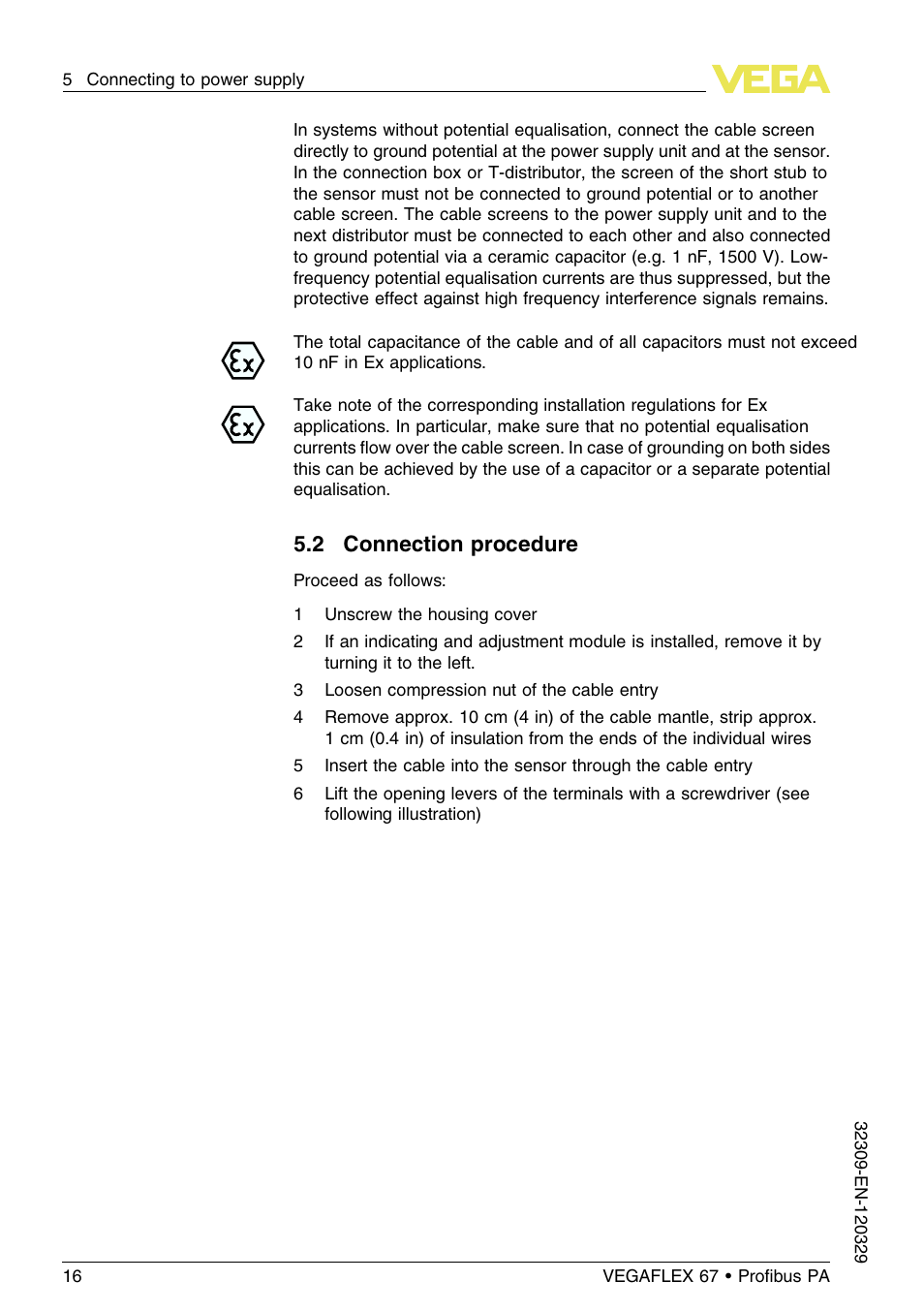 2 connection procedure | VEGA VEGAFLEX 67 (-20…+250°C) Profibus PA User Manual | Page 16 / 64