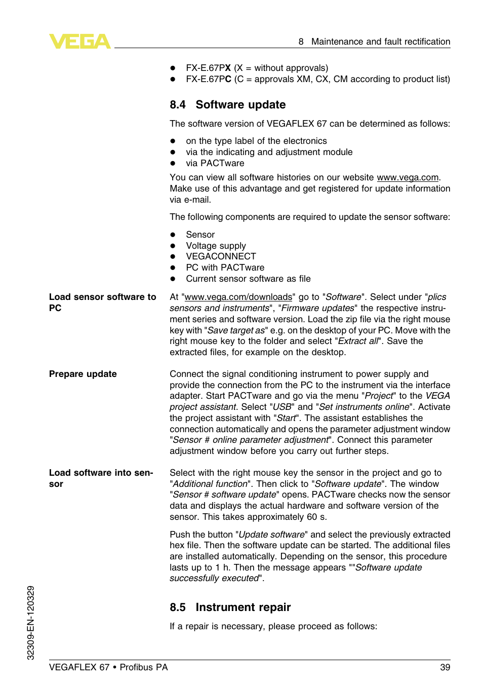 4 software update, 5 instrument repair | VEGA VEGAFLEX 67 (-20…+250°C) Profibus PA User Manual | Page 39 / 64