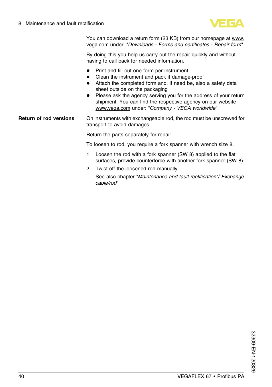 VEGA VEGAFLEX 67 (-20…+250°C) Profibus PA User Manual | Page 40 / 64